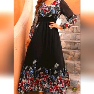 Shein NWT holiday party dress black red floral lace long sleeve full length